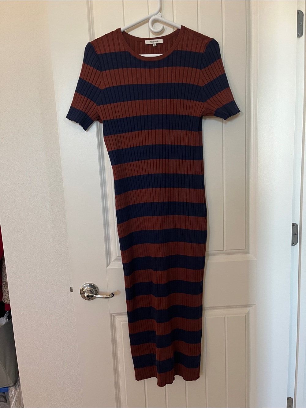 Madewell Striped Ribbed Midi Dress in Rust and Navy